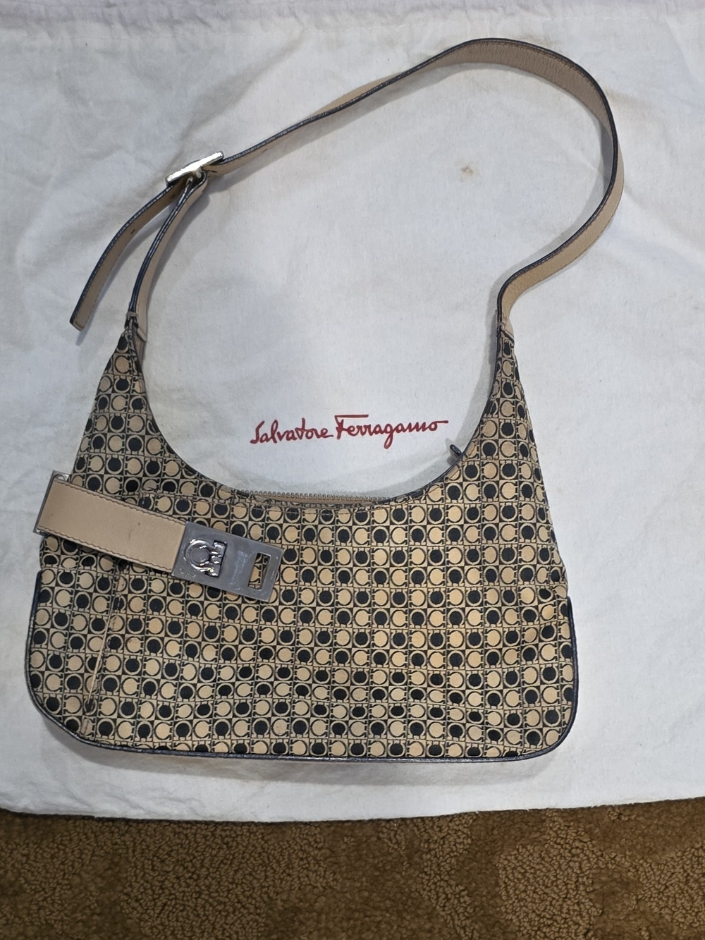 Salvatore Ferragamo Beige and Black Logo Shoulder Bag